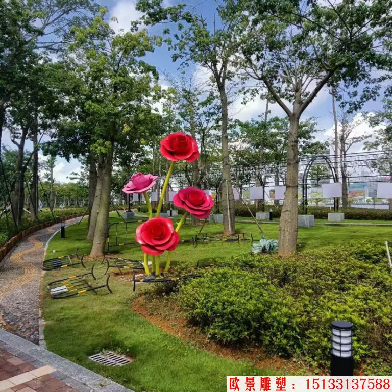 不銹鋼仿真玫瑰花雕塑，公園花朵雕塑