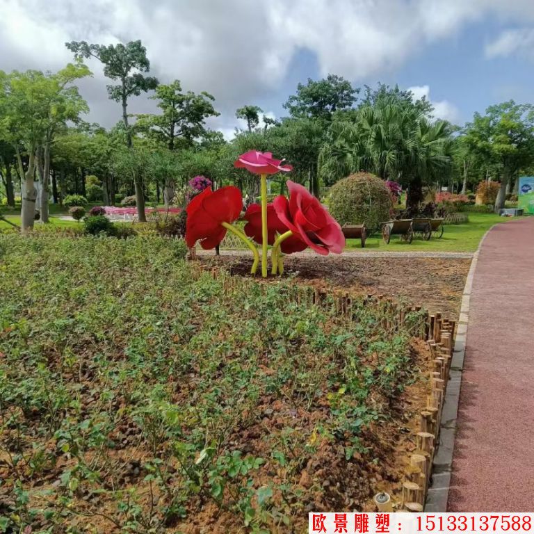 不銹鋼仿真玫瑰花雕塑，公園花朵雕塑4