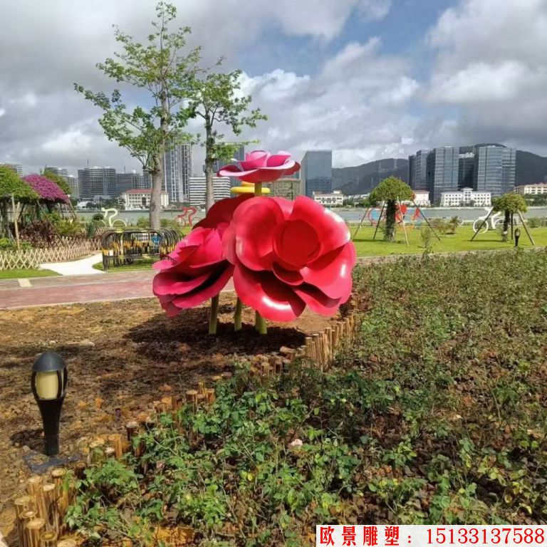 不銹鋼仿真玫瑰花雕塑，公園花朵雕塑5