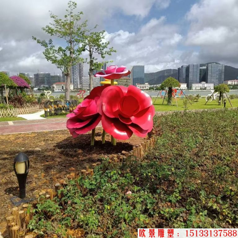 不銹鋼仿真玫瑰花雕塑，公園花朵雕塑7